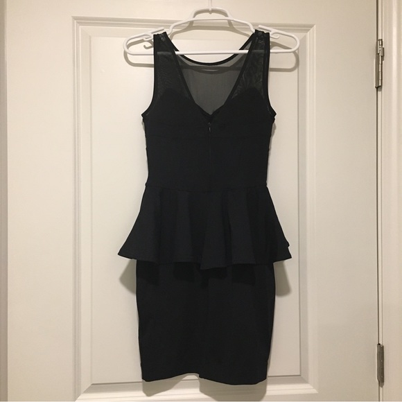Bebe Bodycon Peplum Hip Flare Mini Sleeveless Sheer Little Black Dress, Small - Picture 4 of 9